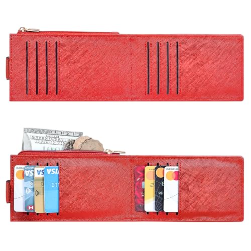 Image of Chelmon Women's RFID Slim Card Holder Wallet | Thin Bifold Multi Card Case with Zipper Coin Pocket Purse for Women(Red)