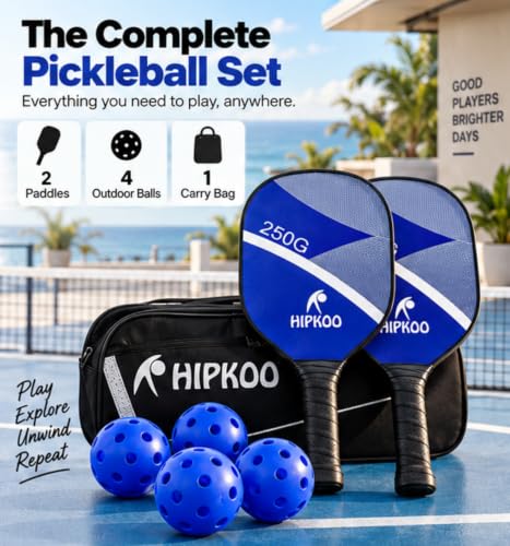 Image of Hipkoo Sports Pickleball Paddle Set Wooden, Includes 2 Paddles, 4 Outdoor Balls and Protective Carry Bag, Cushion Comfort Handle Grip, Durable Pickleball Paddle, Outdoor Game (Blue)