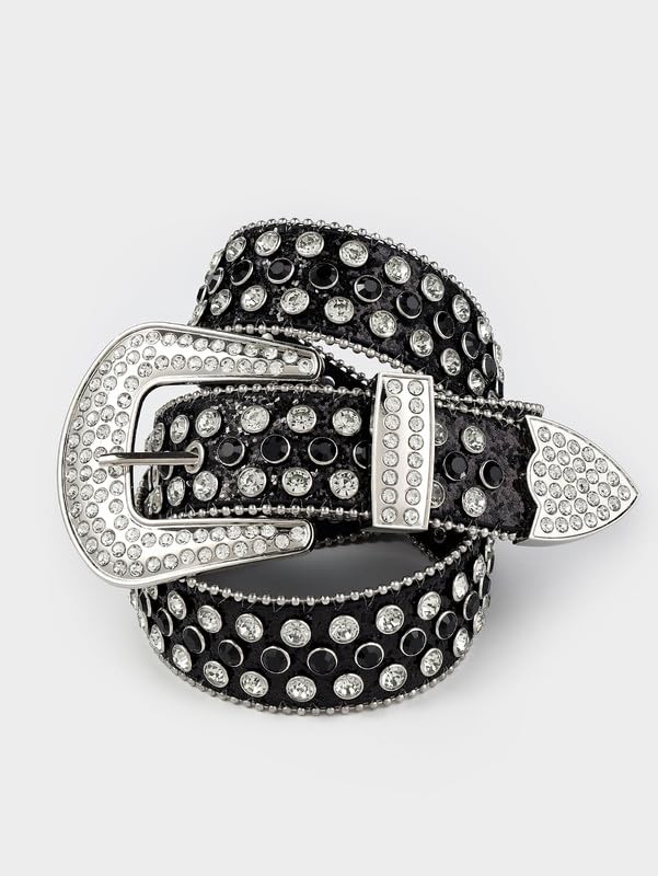 Men Women's Rhinestone Bling Studded Leather Belts for Jeans Pants with Fashion Silver Buckle