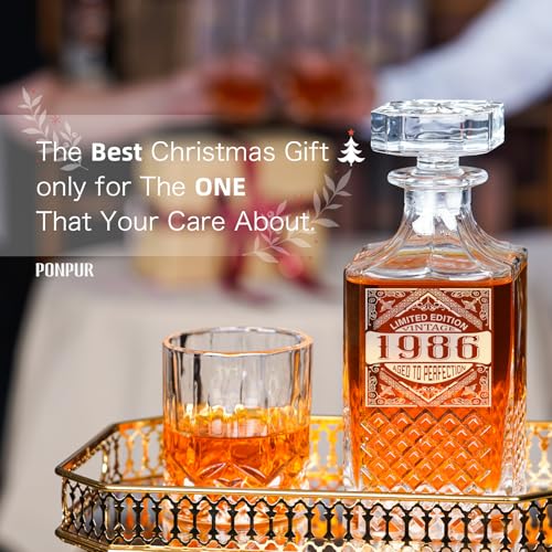 Image of PONPUR 40th Birthday Gifts For Men Dad, 1986 Laser Whiskey Decanter Set with Gift Box, Anniversary Birthday Gift Ideas for Him Husband, 40 Years Bday Decorations, Whiskey Glasses & Whisky Stones Inc