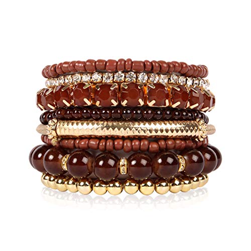 Multi Color Stretch Beaded Stackable Bracelets - Layering Bead Strand Statement Bangles (Original - Brown, 7)