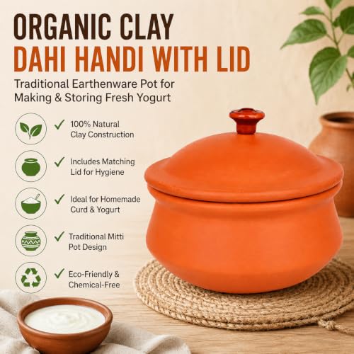 Image of KSI 1000ml Clay Dahi Handi with Lid | Terracotta Curd Pot for Storage | Food Safe Earthen Matka | Natural, Eco-Friendly Mitti Pot for Dahi, Storage & Traditional Use