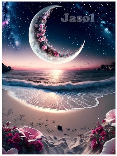 Image of Jasol Diamond Painting Kit, 40x30 Cms, Full Drill, 5D Crystals, Home Wall Decor Gift Set (Moon Beach M45618)