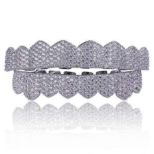 Generic Männer und Frauen 18K Gold überzogen Hip Hop Luxuriöse Zähne Grillz - Iced Out Vampire Zähne Silber Grills mit zusätzlichen Molding Bars für Cosplay Silber