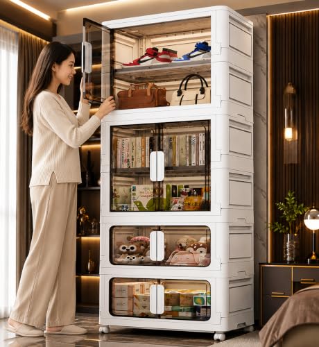 Image of EXVITO Modular Plastic Wardrobe for Bedroom | 4 Tier Foldable Cupboard with Hanging Rod | Stackable Storage Almirah for Clothes with Wheels | Multi-Layer Plastic Storage Cabinet - White