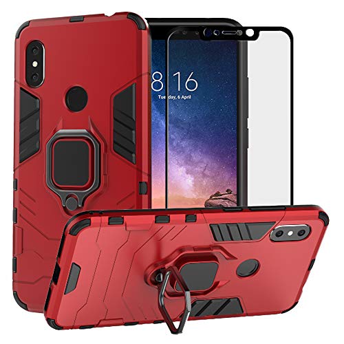 BestAlice for Xiaomi Redmi Note 6 Pro Case/Redmi Note 6 Case, Hybrid Heavy Duty Protection Shockproof Defender Kickstand Armor Case Cover Tempered Glass Screen Protector，Red
