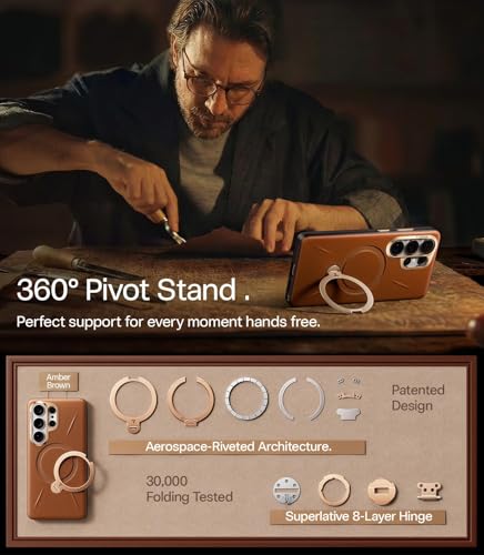 Image of TORRAS Q3 VegSkin Original Imported S26 Ultra Case, 360 Magnetic Stand, MagSafe Compatible, Mil-Grade Drop Tested, Organic Silicone Leather Galaxy S26 Ultra Back Cover, Saddle Brown