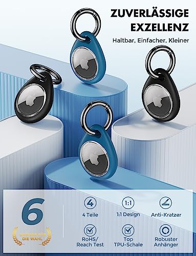 UNBREAKcable AirTag Anhänger, 4er Pack AirTag Schlüsselanhänger Schutzhülle, Air Tag Silikon Kratzfest TPU-Hülle, Keyring Abdeckung Case Cover für Schlüssel, Tasche, und Hund