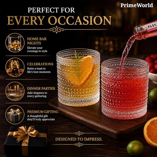 Image of PrimeWorld Whiskey Glass Set of 6 - 300ml | Premium Crystal-Clear Tumblers for Whiskey, Scotch, Bourbon, Cocktails & Spirits | Lead-Free, Heavy Base Old-Fashioned Glasses for Home Bar & Gifting