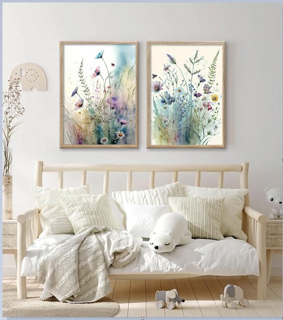Image of Framed Colorful Flowers Bathroom Wall Art Decor, Blue Floral Picture Canvas Print White Daisy Painting Artwork for Bedroom Office Decoration 12 inchx16 inchx2 Panels