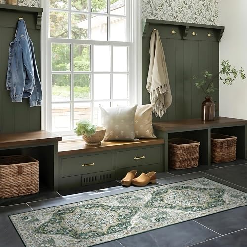 Deerly Green Vintage Runner Rug 2x6 Hallway Runners Boho Non-Slip Entryway Throw Rug Faux Wool Non-Slip Washable Low-Pile Floor Carpet for Indoor Front Entrance Kitchen Bathroom, Green/Multi