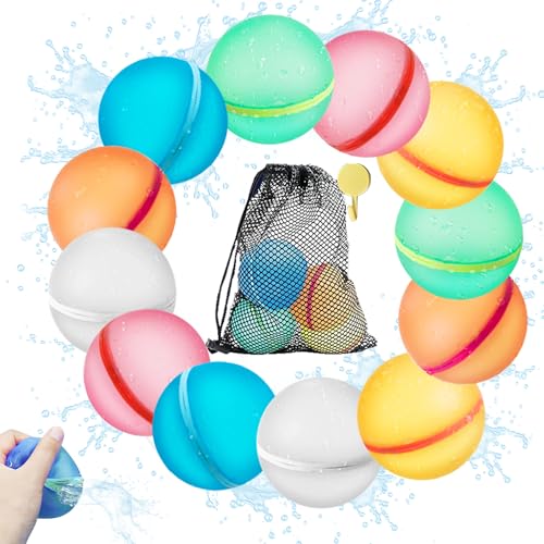 12 Stück Wiederverwendbare Wasserbomben, Wasserbomben Wiederverwendbar, Wasserbomben Selbstschließend, Wiederbefüllbare Wasserbomben, Wasserspielzeug für Kinder und Erwachsene