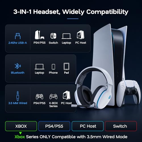 Image of AOC 2.4GHz Wireless Gaming Headset for PS5, PS4, PC, Switch, 45Hr, White | Bluetooth 6.0 Gaming Headphones with Noise Canceling Mic, 7.1 Virtual Surround, Great for Fortnite & Call of Duty /FPS Gamers