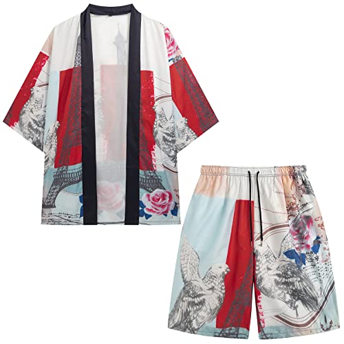 Image of PRIJOUHE Mens Kimono Set Japanese Haori & Shorts 2 Piece Summer Outfits