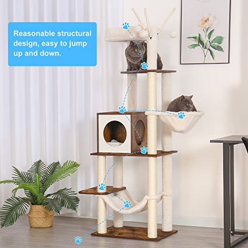 Image of Hey-brother Wooden Cat Tree, 66.1 inch Cat Furniture with Scratching Posts, Modern Cat Tower with hammocks, Toys, cat condo, Rustic Brown MPJ120SR