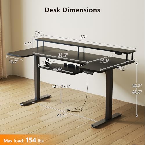 Image of OffiGo U Shaped Electric Standing Desk with Keyboard Tray, 63 Inch Height Adjustable Desk with Power Outlets & LED Lights, Sit Stand Table with Monitor Stand for Home, Office, Black