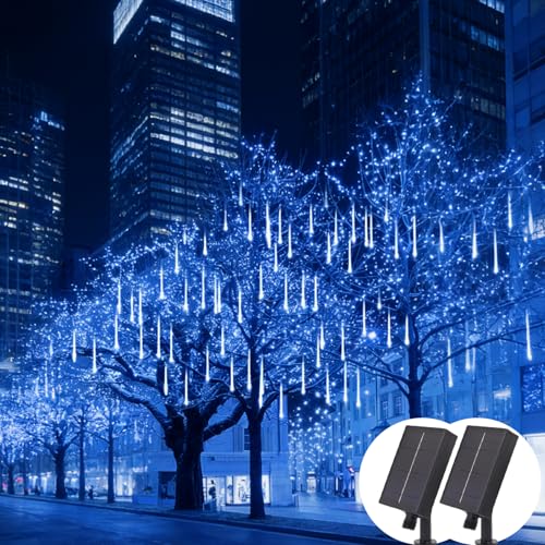 Buroraix 2-Pack 16 Tubes Solar Powered Christmas Lights Outdoor IP65 Waterproof Meteor Shower Lights LED Icicle String Lights Halloween Party Hanging Tree Bush snowflakex Light Wedding Garden Holiday
