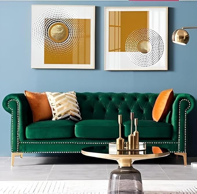 Image of Solid Wood Velvet Fabric L Shape Sofa Sofa for Living Room Button Tufted Sofa Chair for Home & Office (Left Aligned L-Shaped (Green)