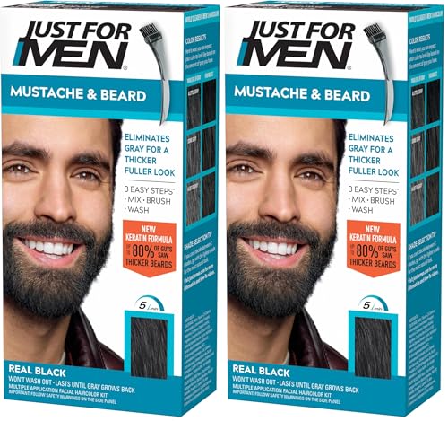 Just For Men Mustache & Beard, Beard Dye for Men with Brush Included, With Keratin Biotin Aloe and Coconut Oil for Healthy Facial Hair - Real Black, M-55, Pack...