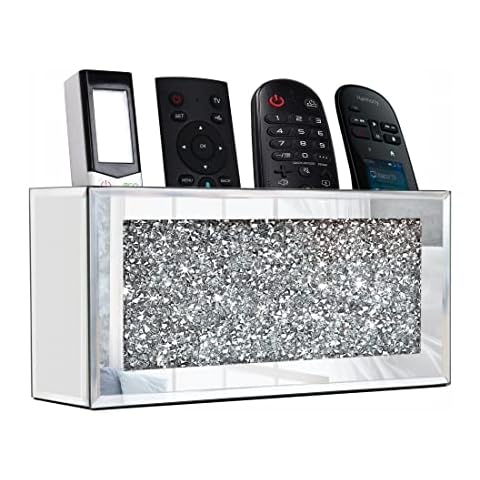 GOTHICO Mirrored Remote Holder, Wall Mounted Crush Diamond Bling Decoration Organizer Storage Box for Remote Phone Pad Wallet Notebook (8.3"×2.5"×4" for 3 or 4 Remote Controls) Cover