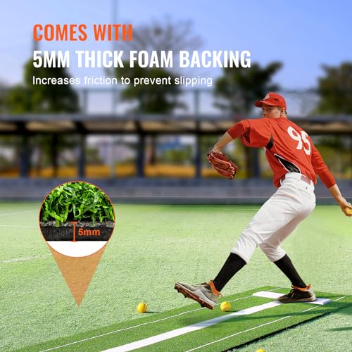 VEVOR 10x3ft Softball/Baseball Pitching Mat with Rubber Mound - Anti-Fade Turf & Anti-Slip Foam Backing, Portable Fastpitch Training Aid for Indoor/Outdoor Practice (Red/Green)3
