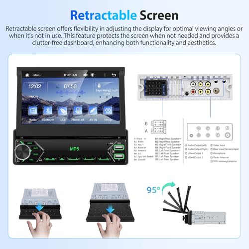 Radio para auto con pantalla táctil IPS retráctil 7" Bluetooth miniatura 7