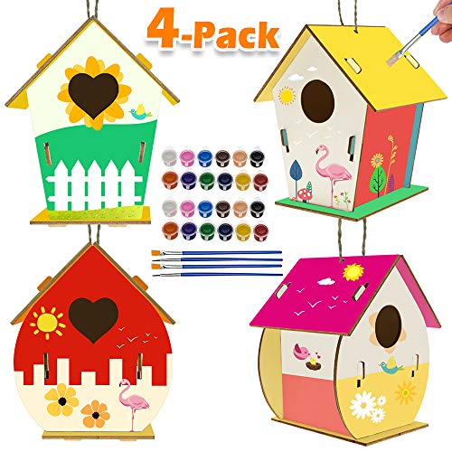 Kids Activities Art and Crafts for Kids 4-Pack DIY Bird House Kit for Children to Build and Paint Creative Art Projects Party Favors for 3+ Year Old Boys and Girls
