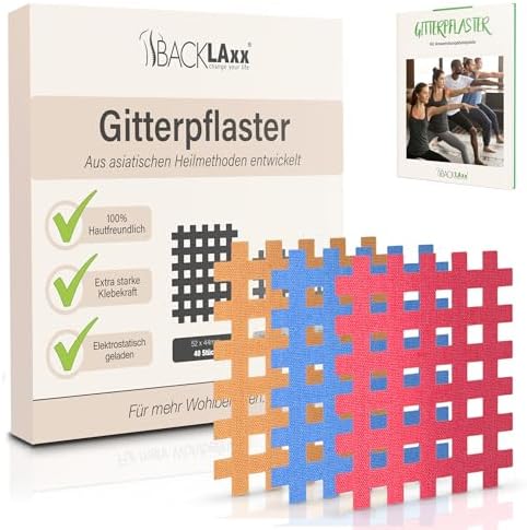 BACKLAXX® Gitterpflaster Set 40 Stk, Gittertape Akupunkturpflaster Typ c | 40 Crosstapes in der Größe c, 3 Farben | Cross Tape hautfreundlich & wasserabweisend, hält 7 Tage, eBook