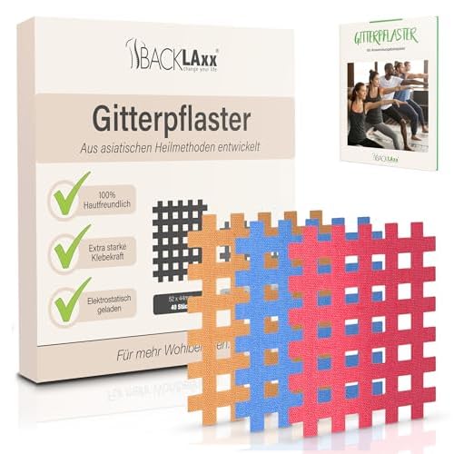 BACKLAXX® Gittertape | Premium-Qualität 40 Stk | Crosstapes Gitterpflaster Set in Größen Typ C | GRATIS umfangreiches eBook mit 60 Anwendungsbeispielen | Akupunkturpflaster Cross Tape Gitterpflaster