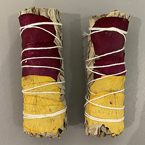 VIE Sage Smudge Stick 4" (White Sage, Red and Yellow Rose Petals 4"), Natural - Image 2