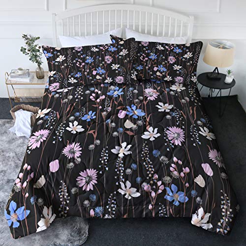 BlessLiving Botanical Floral Print Comforter Set with 2 Matching Pillow Shams Vintage Bedding Quilt Duvet 3 Pieces Shabby Chic Bed Comforters for Girls and Women (Pink Black, King)