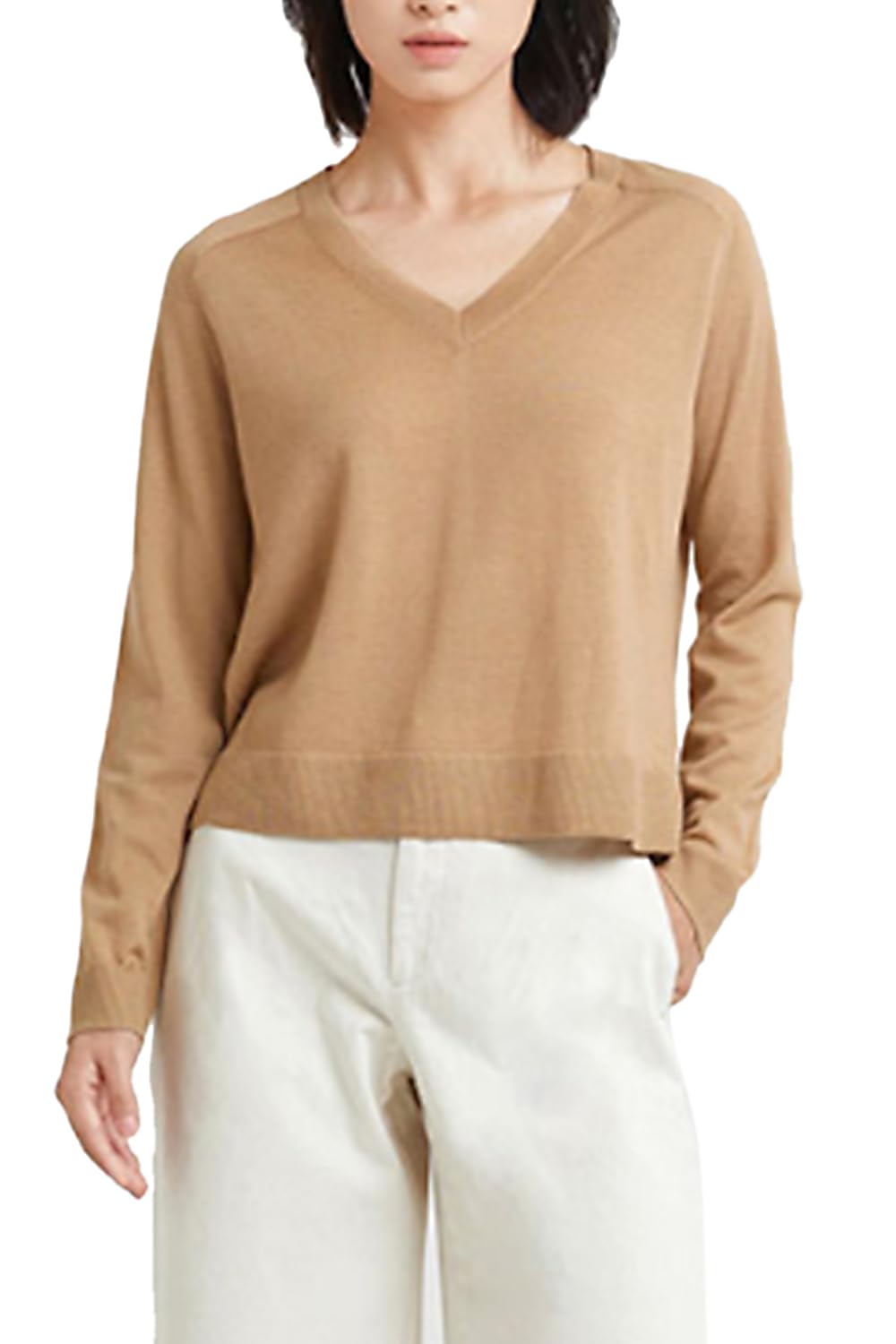 Damen-Pullover aus Merinowolle, lässig, leicht, V-Ausschnitt, Raglanärmel, Strick-Top, lockerer Pullover