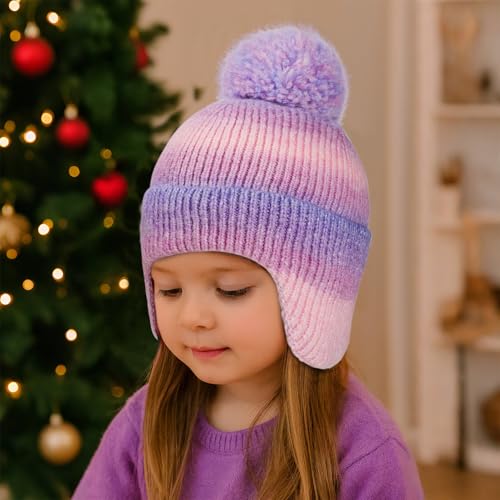 ACTLATI Kids Beanie with Ear Flaps for Boys Girls Pom Knit Hats Fleece Lining Winter Outdoor Skull Snow Ski Cap Age 2-10 6