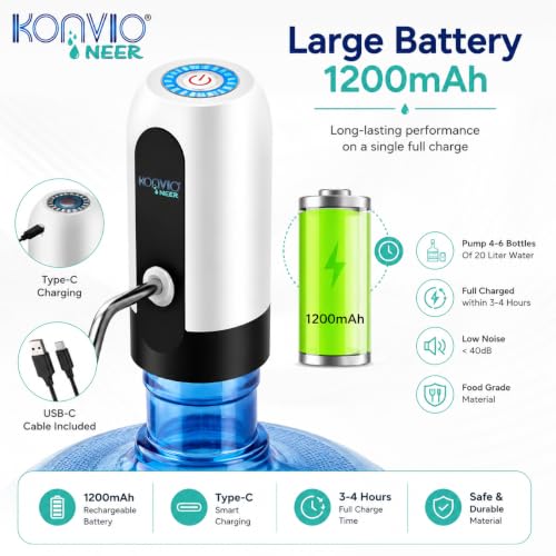 Image of KONVIO NEER Wireless Water Dispenser Pump Set of 2 for 20L Bottles | Rechargeable wireless water dispenser pumps with Type-C charging, food-grade design for easy 20L bottle water dispensing.