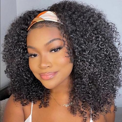 Image of XSY Headband Wig Human Hair Kinky Curly Wigs for Black Women Deep Curly Human Hair Headband Wigs 150% Density Natural Black Color 18 Inch