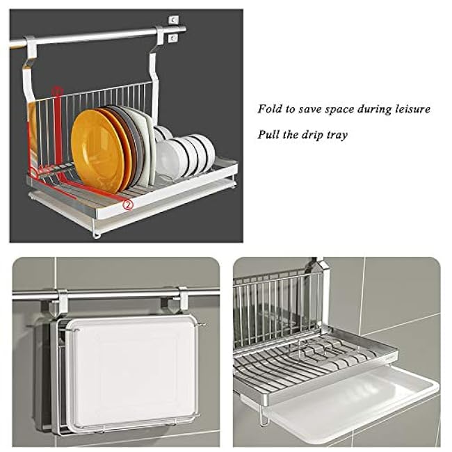Wall-Mounted Kitchen Dish Drying Rack Multifunctional Storage Shelf, Cutlery Holder Over The Sink, Stainless Steel Dish Drainer Rack,60/80Cm Long Pole/B Combination (F Combination) ()