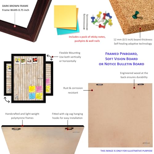 Image of ArtzFolio Cork Board | Bulletin Board Notice Pin Board | Vision Soft Board Combo with Thumb Push Pins & Sticky Notes | Dark Brown Frame | 12 x 18 inch (30 x 46 cms)
