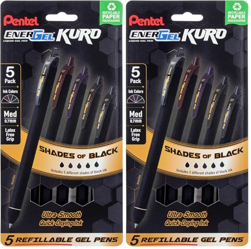 Image of Pentel EnerGel Kuro Retractable Liquid Gel Pen, Shades of Black, 0.7mm tip, Assorted black ink, pens (BL437PF5MA) (Pack of 2)