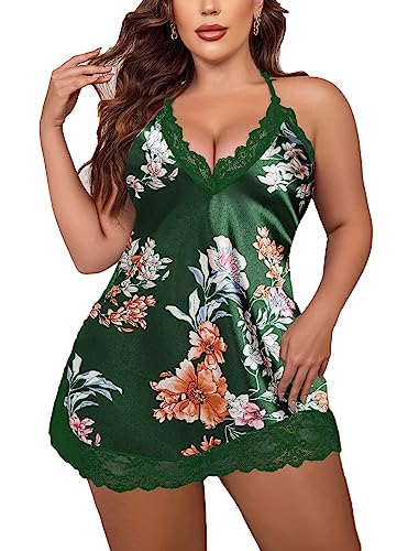 Avidlove Plus Size Lingere Lace Silk Chemise Slip Bridal Babydoll (Green Floral, Large)