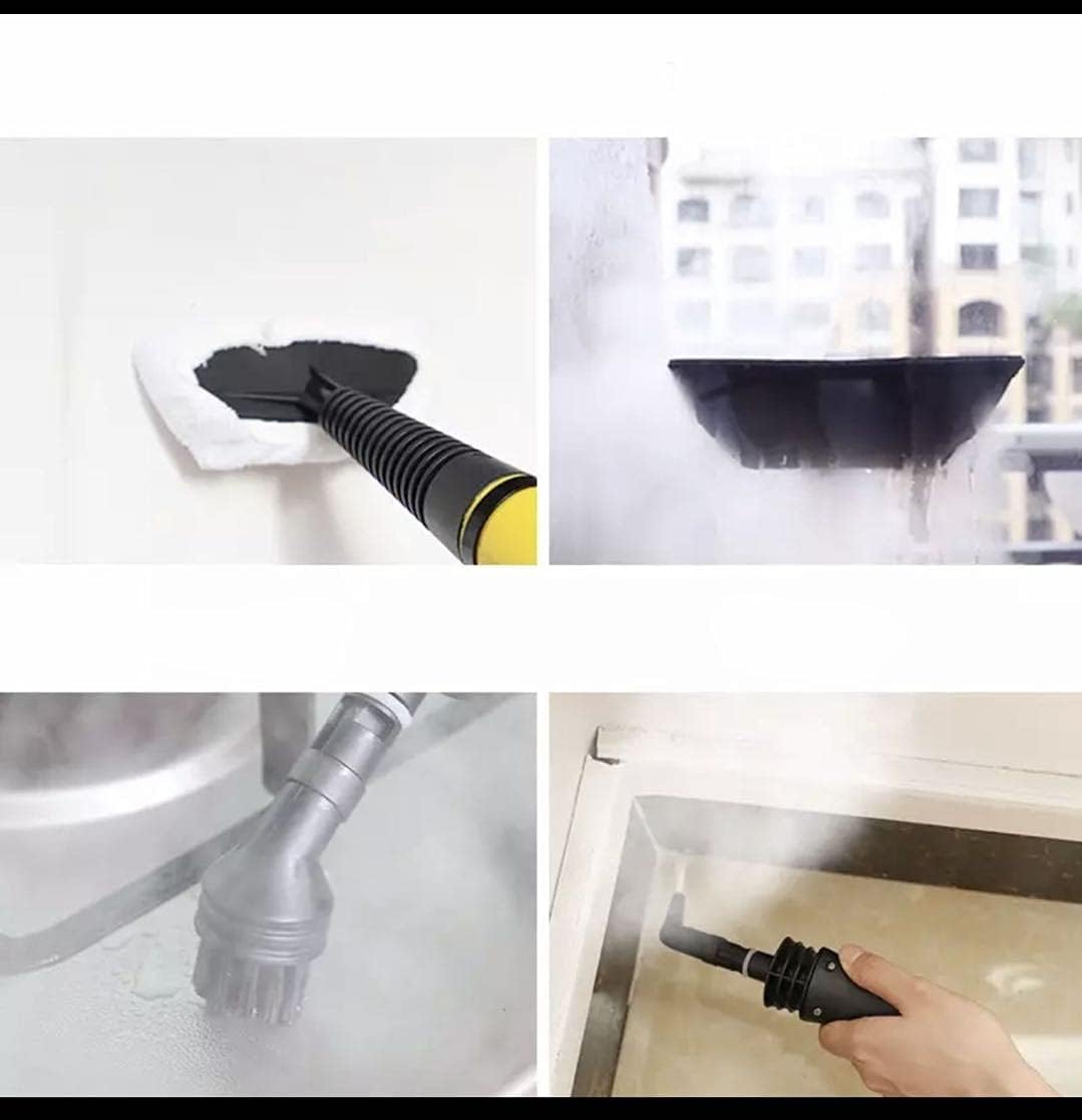 Various cleaning applications of NC DF-A001 Steam Cleaner including windows, sinks, and fabric with different attachments