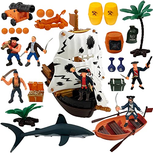 ArtCreativity Pirate Action Figure Playset, Pirate Play Set with Action Figurines, Pirate Ship Toy, Boat, Shark, Treasure Chests, Storage Box, & More, Pirate Party Decorations, Cake Toppers, & Gifts