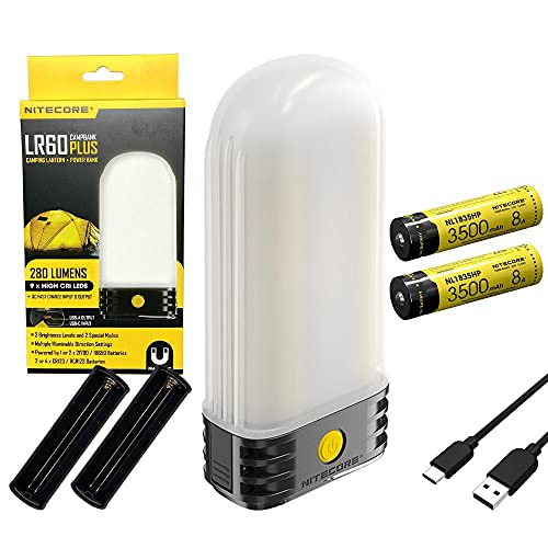 Combo: NITECORE LR60 280 Lumen USB Rechargeable Pocket Camping Lantern w 2X NL1835HP 3500 Milli AH Batteries and Eco-Sensa USB Cable