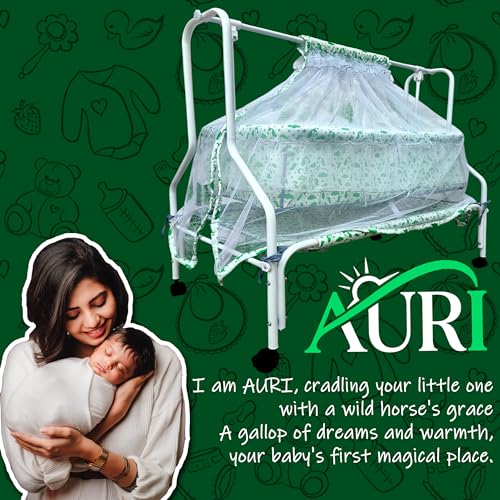 Image of Kiddery Auri | Cradle for Baby | New Improved Mattress Design | Mosquito Protection Net | Smooth Swing | All Wheel Lock | Palna | Jhula | Uyyala | 0-10 Months | Green