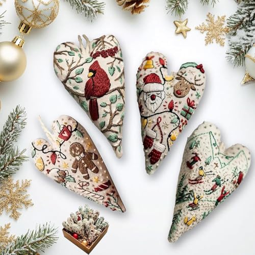 TIMLIFE DIY Heart Shaped Hand Embroidered Christmas Ornament Kit, 2026 New Embroidery Christmas Ornament Kits, Handmade Tree Decoration for Holiday Decorations, Winter Decor (4PCS) - Image 6