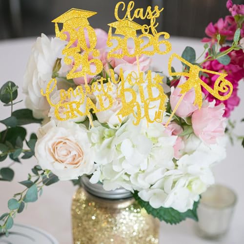 Image of Graduation Centerpiece Sticks 24PCS Glitter Grad Picks Party Table Decor Senior High School College Sign Gold
