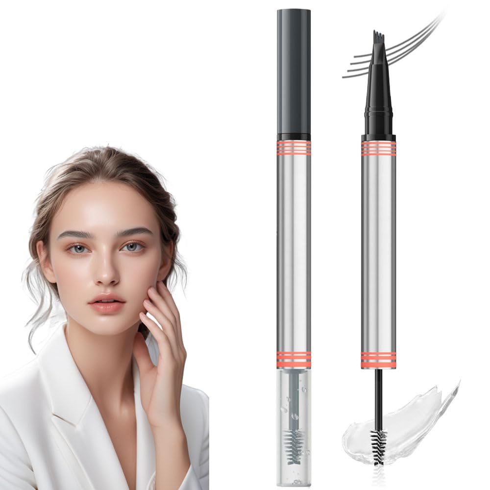 2-in-1 Eyebrow Pencil with Gel,2 PCS Waterproof Magic Eyebrow Pen,Dual-Ended 3D Microblading Eyebrow Pen with 4 Tip & Eyebrow Brush,Long-Lasting
