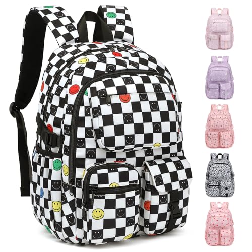 Lroiutian Girls Backpack for School, Teens Large Capacity Cute Lightweight Polyester School Bag Bookbag for Kids - Checkered Smile
