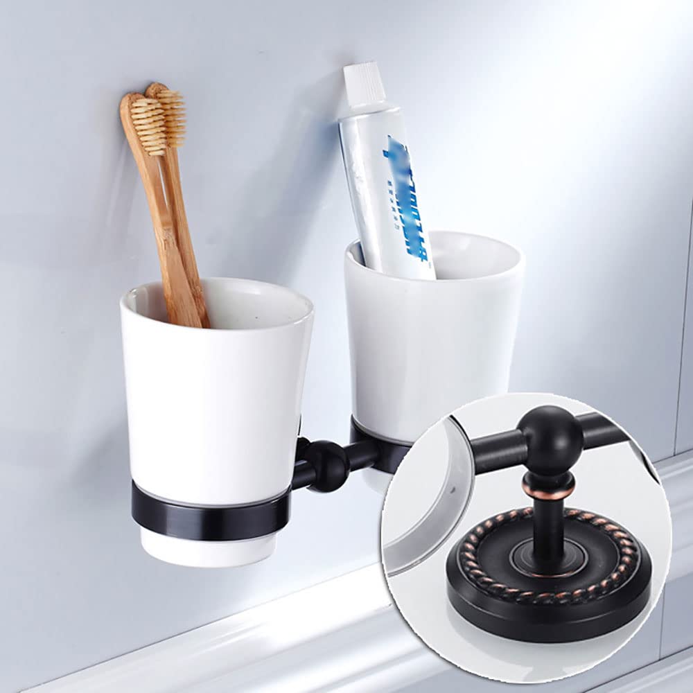 Porta spazzolino da denti a parete, Doppia tazza - Collutorio in ceramica e ottone da parete con organizer for riporre il dentifricio rasoio