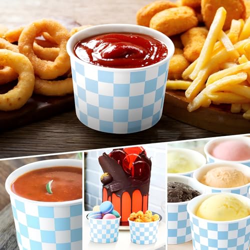 Image of Zopeal 50 Count Light Blue Checkered Ice Cream Cups Disposable Race Car