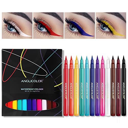Anglicolor delineador de ojos, Juego de delineador de ojos líquido mate,delineador de ojos waterproof,Delineador de ojos coloreado de 12 colores,Perfecto para Halloween Navidad (12 colores)